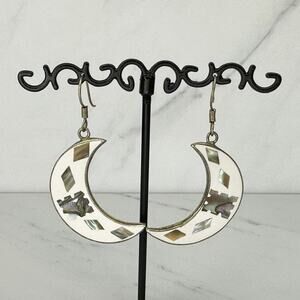 Vintage Abalone Shell Crescent Moon Dangle Earrings Silver Tone Pierced ✨